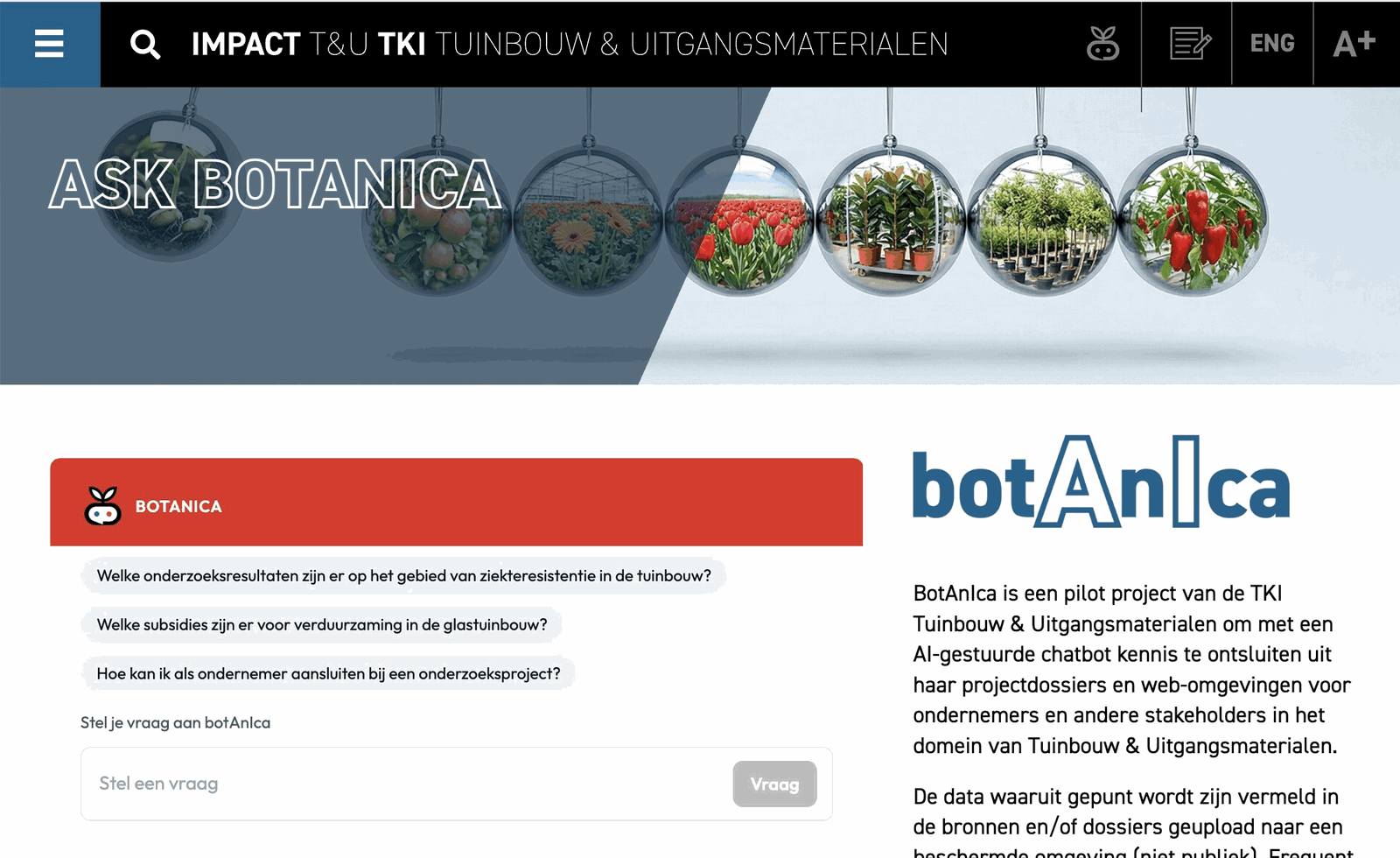 De botAnIca-chatbot ingebed op de website van TKI Tuinbouw en Uitgangsmaterialen, met de rode EchoSpring-widget en voorbeeldvragen over tuinbouwonderzoek.